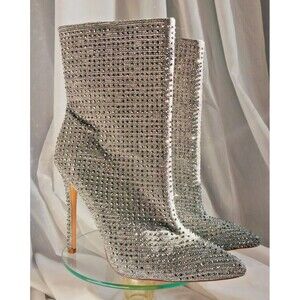 Silver Rhinestone Boots Womens Size 9 Glaze 4" Heel Pointed Toe